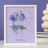 Framed artwork of blue anemone flowers on a purple background with the text 'ANEMONE'. 