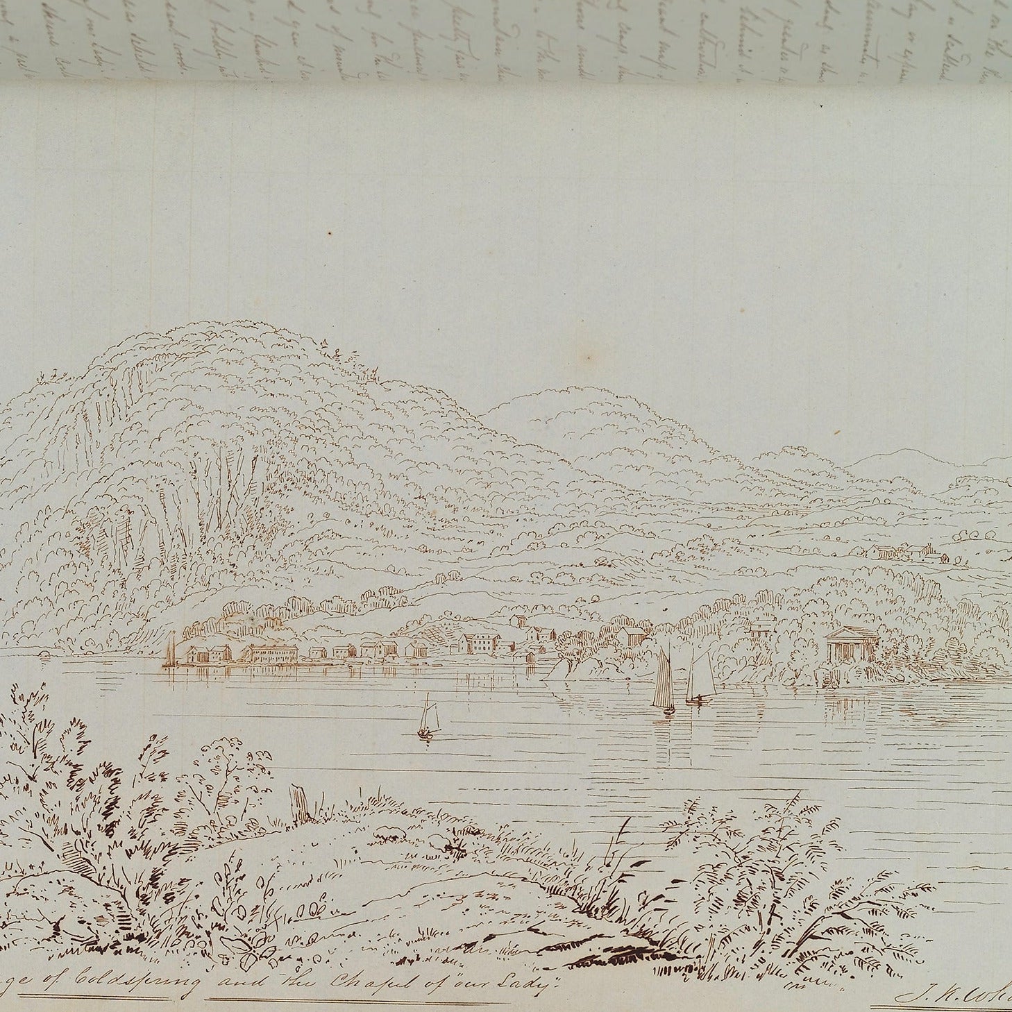 A sketch of a village along the river in a notebook 