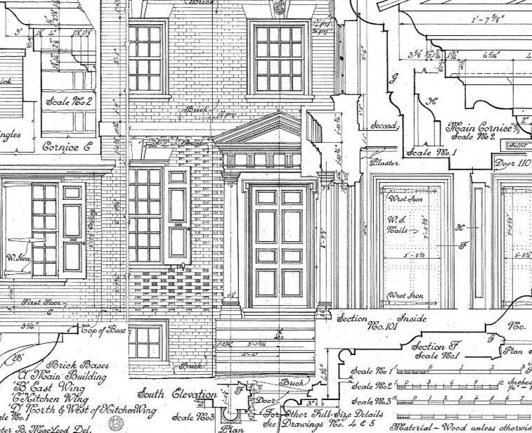 A detail of architectural plans for Laurel Hill Mansion 